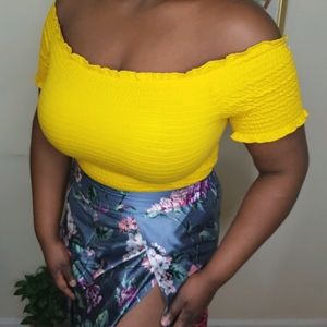 Forever 21 yellow off shoulder smocked crop top